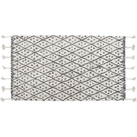 Alfombra de algodón blanco crema negro 80 x 150 cm geométrico borlas Agadir