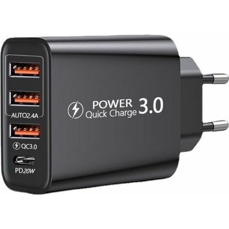 Quick Charge 3.0 Chargeur Secteur USB et Câble USB C,QC 3.0 30W/6A 4 Ports Chargeur Mural Rapide Adaptateur Secteur USB Multiple Universel pour Samsung Galaxy S10/S9/S8 Plus/Note 8,Huawei