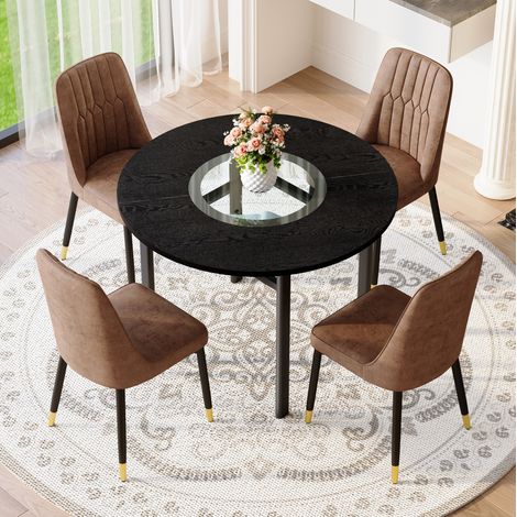 Conjunto de comedor redondo 100 cm en MDF negro, 4 sillas, vidrio – MEUBLIV (1/5)