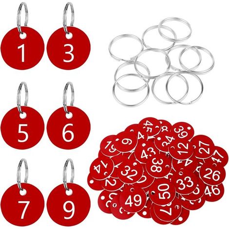 150 Stück Kunststoff-Nummernanhänger mit den Zahlen 1-150 Nummernanhänger mit Ringen für Hotels Schulen Büros Umkleidekabinen Gepäckschließfächer rot (1/2)
