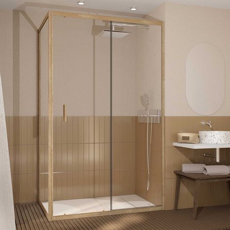 Porta Doccia Scorrevole e Parete Laterale 120x80x200cm - Profili Effetto Legno - Vetro Temperato 6mm