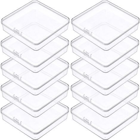 10 Storage Boxes, 10.5x10.5x1.8cm, Lid, Plastic, Transparent, Beads, DIY (1/5)
