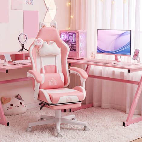 Gaming-Sessel mit Katzenohren, neigbare Lehne, ausziehbare Fußstütze, bis 120 kg, Rosa/Weiß (1/5)