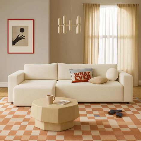 Ecksofa Pearl aus Bouclé vereint Elegantes Design mit Funktionalität. Schlaffunktion und geräumigem Bettkasten,GRATIS Kugelkisse, Liegefläche:191–200 (1/5)