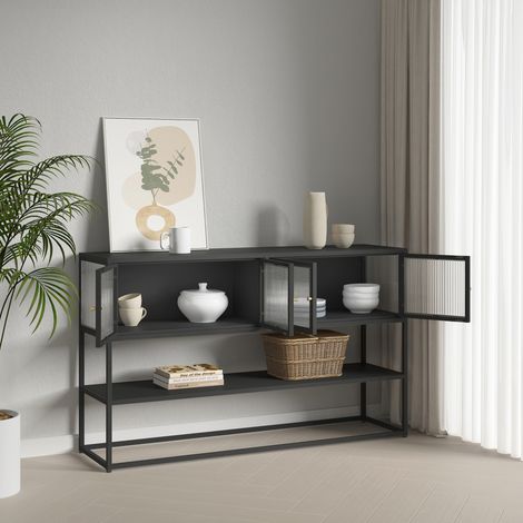 Credenza Bassa Säkylä con Ante in Vetro Scanalato 150x38x90 cm Nero [en.casa]