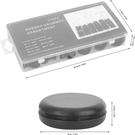 Rubber Grommet Kit Kit de 170 pièces en caoutchouc noir avec boîte hermétique pour tuyaux électriques (1/5)