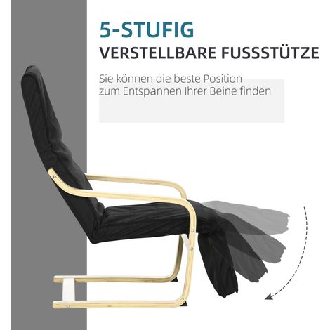 Fauteuil relax inclinable, repose-pieds réglable, coussin, bois + noir, 66,5 x 94 x 100 cm (1/4)