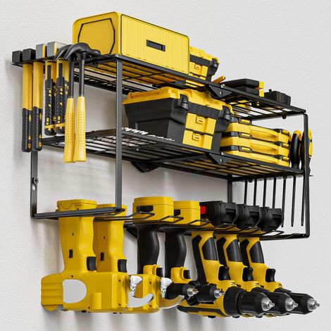 Étagère à outils à 3 niveaux pour 7 outils électriques, support mural pour perceuse à percussion, visseuse sans fil et outil, étagère à outil avec support de tournevis (1/5)