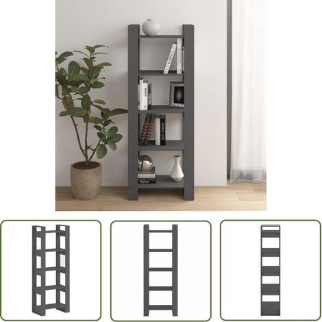 The Living Store Bibliothèque/Séparateur de pièce Gris 60x35x160 cm Bois massif - Bibliothèque - Bibliothèque En Bois - Meuble De Rangement - Séparateur De Pièces - Étagère (1/5)