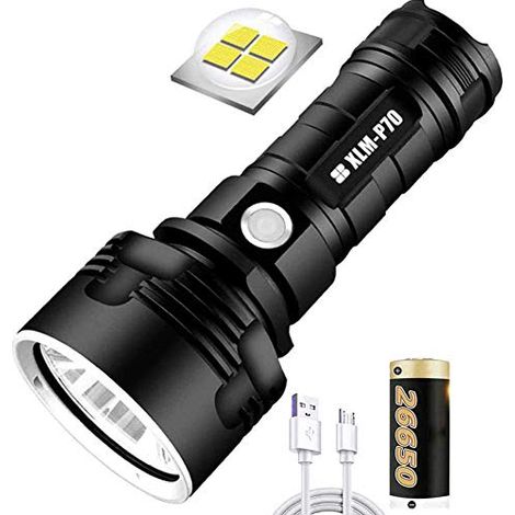 Linterna recargable potente P70 de aluminio, resistente al agua, con conexión USB y largo alcance de 200 m para acampar y emergencias al aire libre. (1/5)