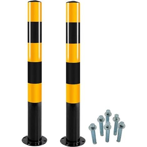 2 pièces Lot de Bornes de Délimitation Noir-Jaune Ø76mm H750mm - Acier Robuste Pied Stable Poller de Stationnement Lot Avec Vis de Fixation (Jaune Réfléchissant) (1/2)