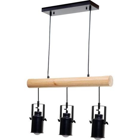 Lampe à suspension design vintage industriel bois massif métal noir 3 abat-jour spot 040004050 (1/5)