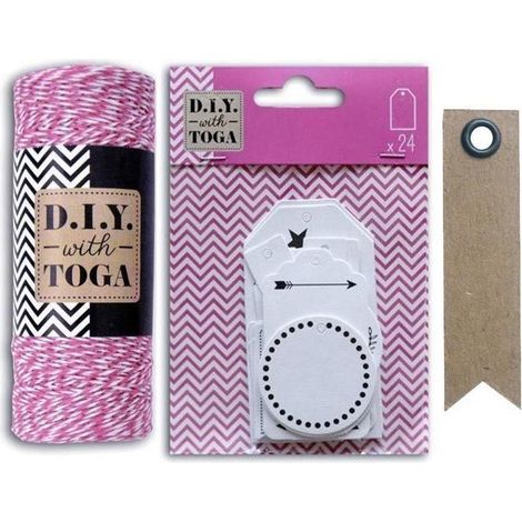 24 étiquettes blanches perforées + ficelle fuchsia-blanche + 20 étiquettes kraft Fanion