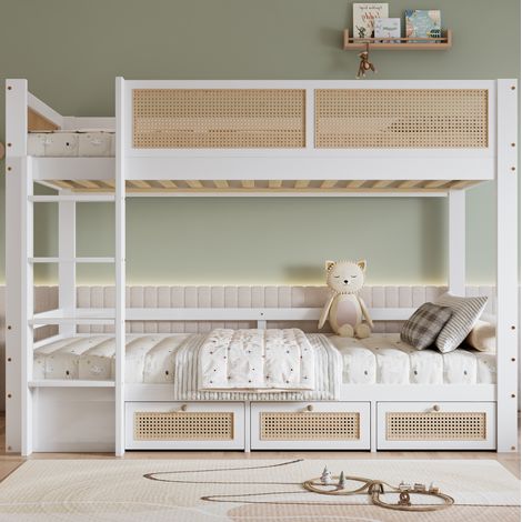 Lit superposé enfant 90x200 cm avec 3 tiroirs et échelle 4 marches, en bois, blanc et naturel, sans matelas (1/5)