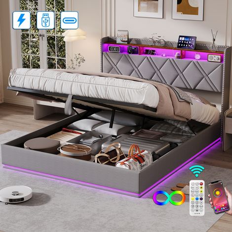 Lit coffre 160x200 cm dispositif de pression d'air Lit double Avec éclairage LED réglable et port USB Lit rembourré tissu de lin - Gris (1/5)