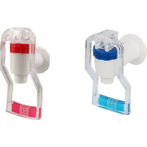 Deux robinets distributeurs d'eau à bouton-poussoir en plastique pour usage domestique, l'un bleu et l'autre rouge transparent. (1/3)