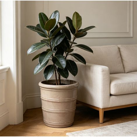 Pot de fleurs en céramique Ø 41,5 cm, émaillé taupe, rainuré, avec trous de drainage OKMYHOME (1/5)