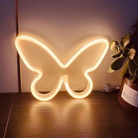 Alimenté par USB ou 3 piles AAPanneau néon papillon blanc chaud pour mur, bureau, appartement, appartement, dortoir, mariage, décoration de fête de Noël, panneau LED papillon néon, veilleuse (1/5)