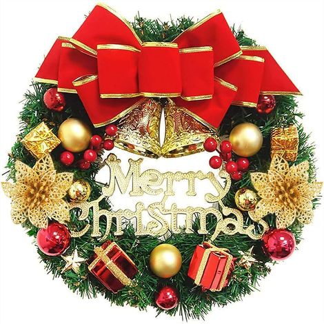 Couronne de Noel Porte 35 cm Couronne Fleurs Artificielle Suspendues Décoration Noel avec Bowknot Jingle Guirlande Sapin de Noël Porte Décoration de Guirlande pour Cadre de cheminée Murale (1/5)