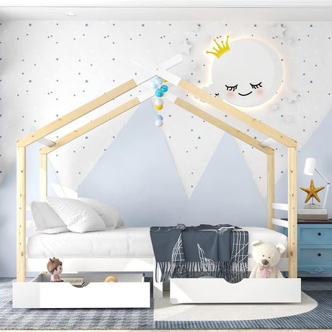 Children's Wooden Bed Frame, Children's Bed Frame with Slatted Base and 2 Drawers for Toddler's Bedroom (90 x 200 cm, White) (1/5)