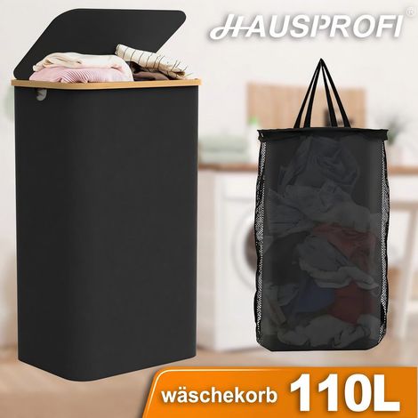 HAUSPROFI Grande cesto portabiancheria da 110L con coperchio e borsa per il trasporto – contenitore per biancheria stretto, pieghevole, per spazi ridotti (bag/camera da letto), nero (1/5)