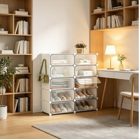 Zapatero modular 40x30x170 cm blanco en ABS, metal y polipropileno con montaje DIY (1/5)