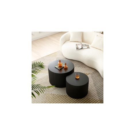 Set di 2 tavolini laterali impilabili, 60x40 cm + 48x35 cm, bordi ondulati, utilizzo versatile, MDF nero opaco