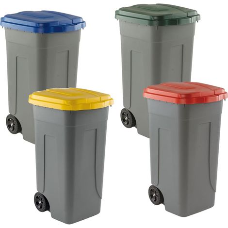 Set 4 pattumiere per raccolta differenziata da 80 Litri con Ruote e Coperchi Colorati - Pattumiere con Chiusura a Clip e Fermasacco a 4 Fissaggi (1/5)