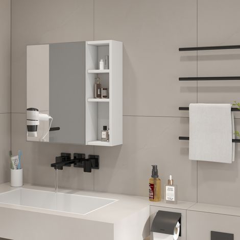 Mueble de baño mural con espejo de alta definición y almacenamiento compartimentado, en blanco transparente, 55x13x56 cm
