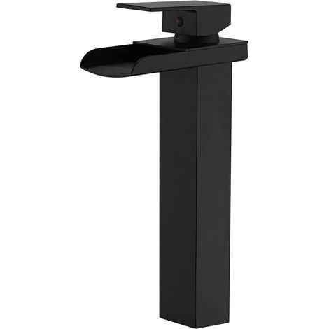 Robinet de lavabo de salle de bain noir mat avec bec cascade et tuyau d'alimentation, mitigeur monotrou à poignée unique, mitigeur d'évier d'angle de style commercial haut, noir (1/5)