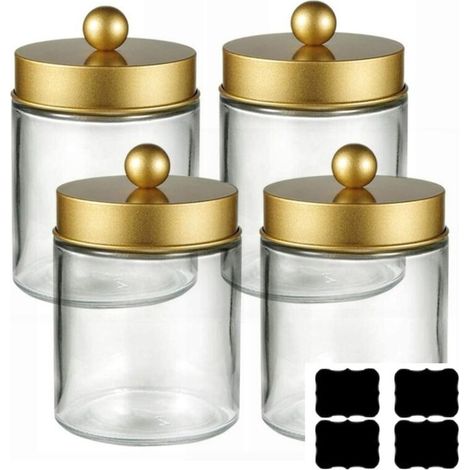 Ensemble de 4 bocaux de rangement en verre transparent pour salle de bain, coiffeuse, coiffeuse et comptoir. (1/5)