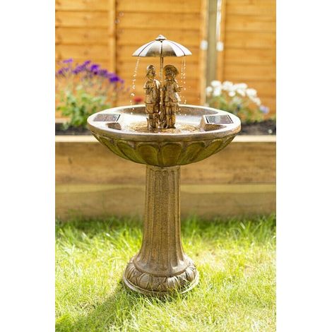 Boy & Girl Fountain, Solar Powered Water Fountain, Children and Umbrella Garden Water Feature