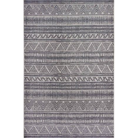 Tapis exterieur 190 x 290 cm motif ethnique kilim, beige, gris, tissage plat authentique, idéal pour terrasse jardin, facile d'entretien et résistant