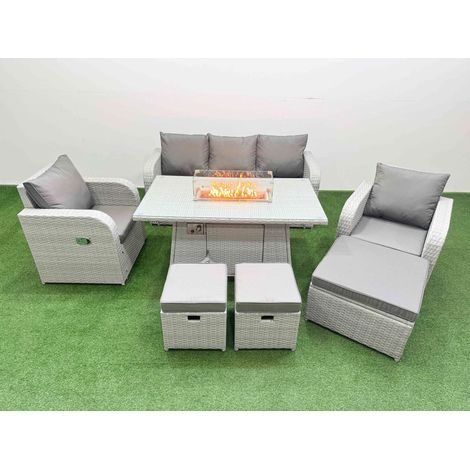Fimous PE Rattan Garden Furniture Set Reclining Chair Sofa Lounge Sofa Set Firepit Dining Table 3 Stools Light Grey (1/4)