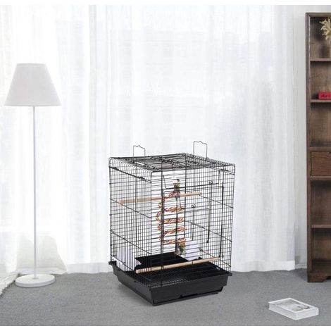 Cage à Oiseaux Portable, Cage Oiseaux Interieur avec Poignée et Toits Ouvrant, 40 x 40 x 58cm, Équipée 3 Perchoir en Bois, 2 Mangeoires, Oiseaux Perruche Perroquet Canari (Noir)