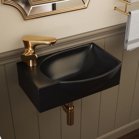 DeerValley Wandwaschbecken (305 × 240 mm) – Rechteckiges Waschbecken in matter schwarzer Keramik. Mit rechts positioniertem Becken und linksseitigem Armaturloch. Ohne Wasserhahn. Modernes & platzspare (1/5)