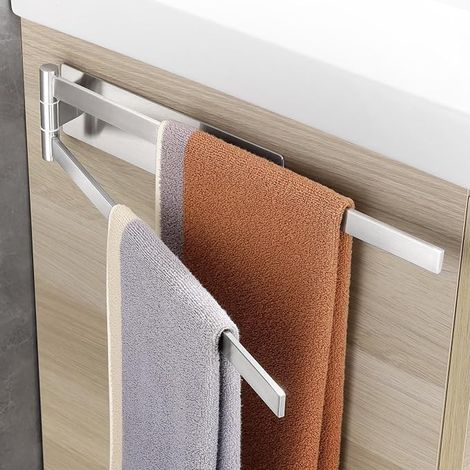 39 cm Double Bar, 180° Swivel Bathroom Towel Rack, Brushed Silver 304 Stainless Steel, Wall Mounted Adhesive Towel Holder for Bathroom and Kitchen