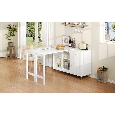 Buffet blanc moderne : plateau extensible et rabattable, partie tournante, pieds métal doré, portes coulissantes verre (1/5)