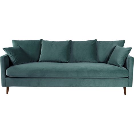 Canapé convertible 3 places en velours pieds bois foncé - vert eucalyptus - VILLABON (1/5)