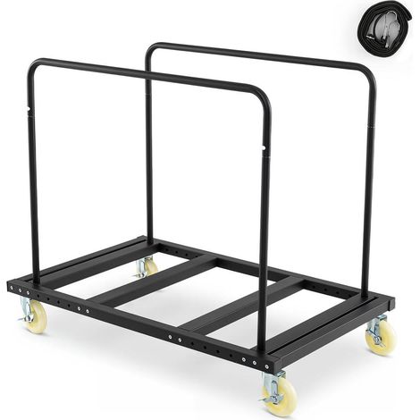 Entreposage et transport de tables : chariot pliant à roulettes freinées avec corde de maintien (1/5)