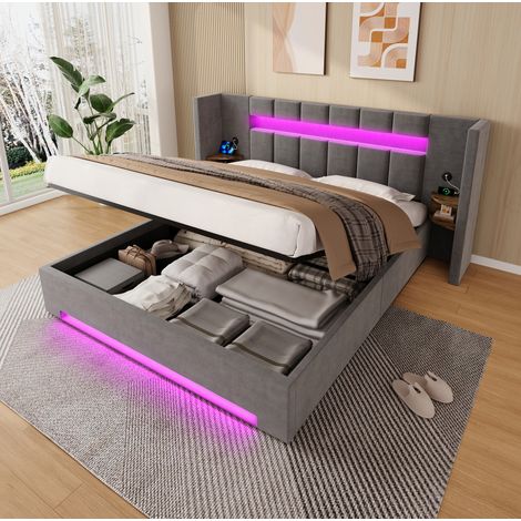 Lit adulte rangement 180x200 velours gris fonce LED USB HAVRYA (1/5)