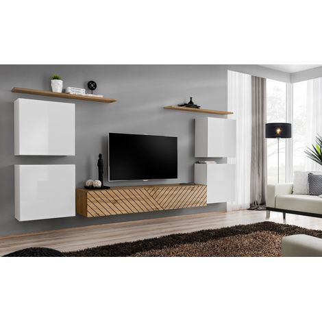 Ensemble de 7 meubles muraux "Switch IV " pour TV en bois - Blanc et Beige - L 320 x H 160 x P 40 cm - Livraison gratuite