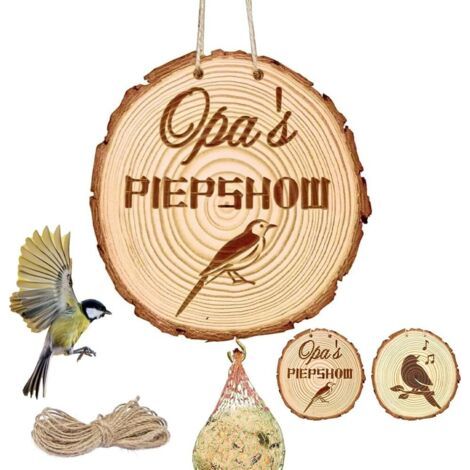 Support de boules de graisse en bois avec gravure « Opas Piepshow », mangeoire pour oiseaux, bip show à suspendre, motif double face, support de boules de graisse pour oiseaux sauvages, pour jardin (1/5)