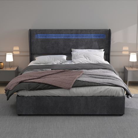 Bett Stoff & Metall Grau 160x200 cm mit LED-Beleuchtung und verstellbarer Rückenlehne