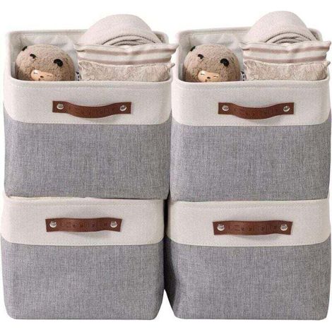 Faltbare Aufbewahrungskörbe aus robustem, zusammenfaltbarem kationischem Gewebe mit Griffen zur Aufbewahrung in Regalen im Kinderzimmer oder Kleiderschrank (Grau und Weiß, Groß - 4er-Pack)