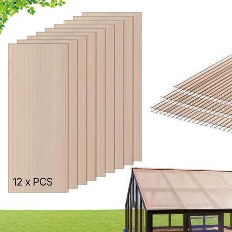 Plaques de Toiture Polycarbonate 152x61x0,6 cm, Lot de 12, Plaques Alvéolaires Double Paroi pour Toiture de Pergola, Tonnelle, Abri de Jardin, Poulailler et Serre, Panneaux Antichoc, Brun Clair (1/5)