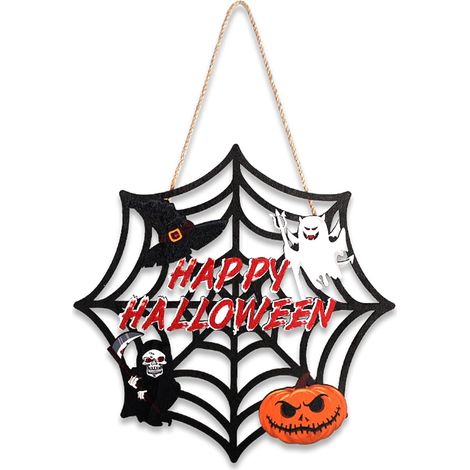 Décorations pour une fête d'Halloween : couronne ronde rustique en bois avec panneau de bienvenue pour la porte d'entrée, couronne de toile d'araignée pour la décoration extérieure du porche et cadeau (1/5)