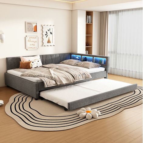 Lit 140x200 cm gris – cadre de lit avec LED et rangement, sans matelas (1/5)