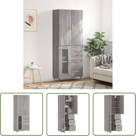 The Living Store Buffet haut Sonoma gris 69,5x34x180 cm Bois d'ingénierie - Buffet Design Moderne - Meuble Rangement - Armoire Cuisine - Commode Salon - Étagère Murale (1/5)