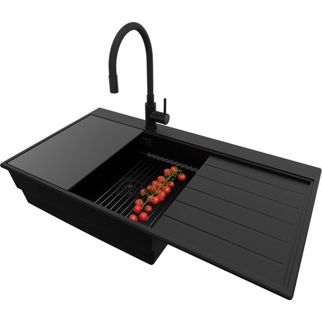 PRIMAGRAN Evier Cuisine en Granit 90x50cm,Lavabo 1 bac + Robinet 40x38cm + Kit de Vidage + Accessoires, Évier à Encastrer au meuble 60cm - Sydney, Tout Noir (1/5)